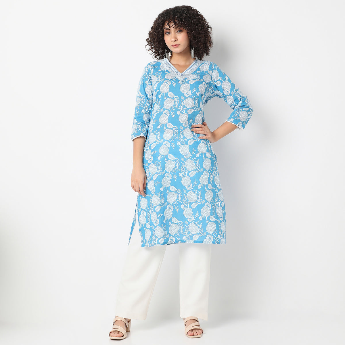 V-Neck Printed Yoke Long Kurta
