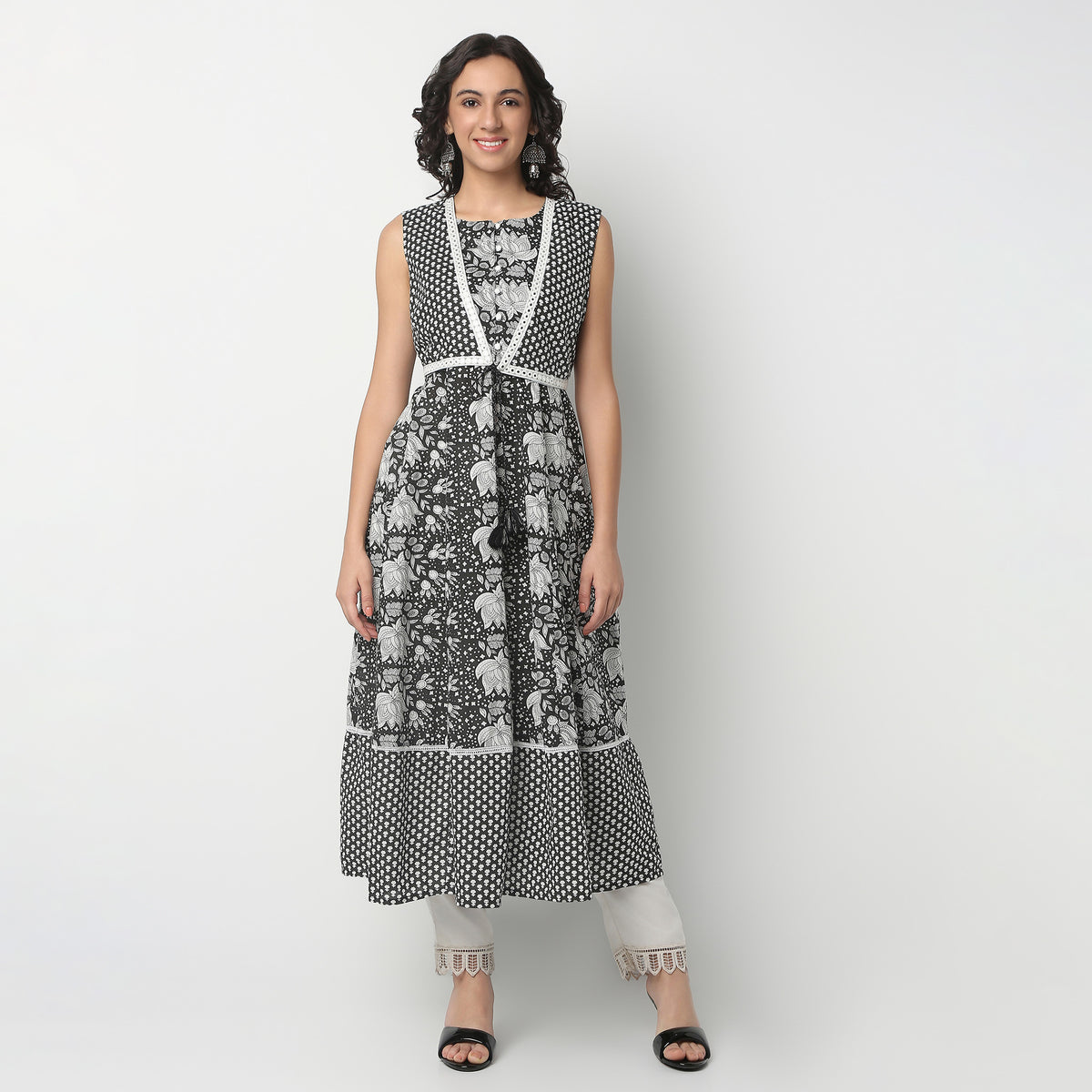 Calf Length Sleeveless Flare Fit Printed Kurta