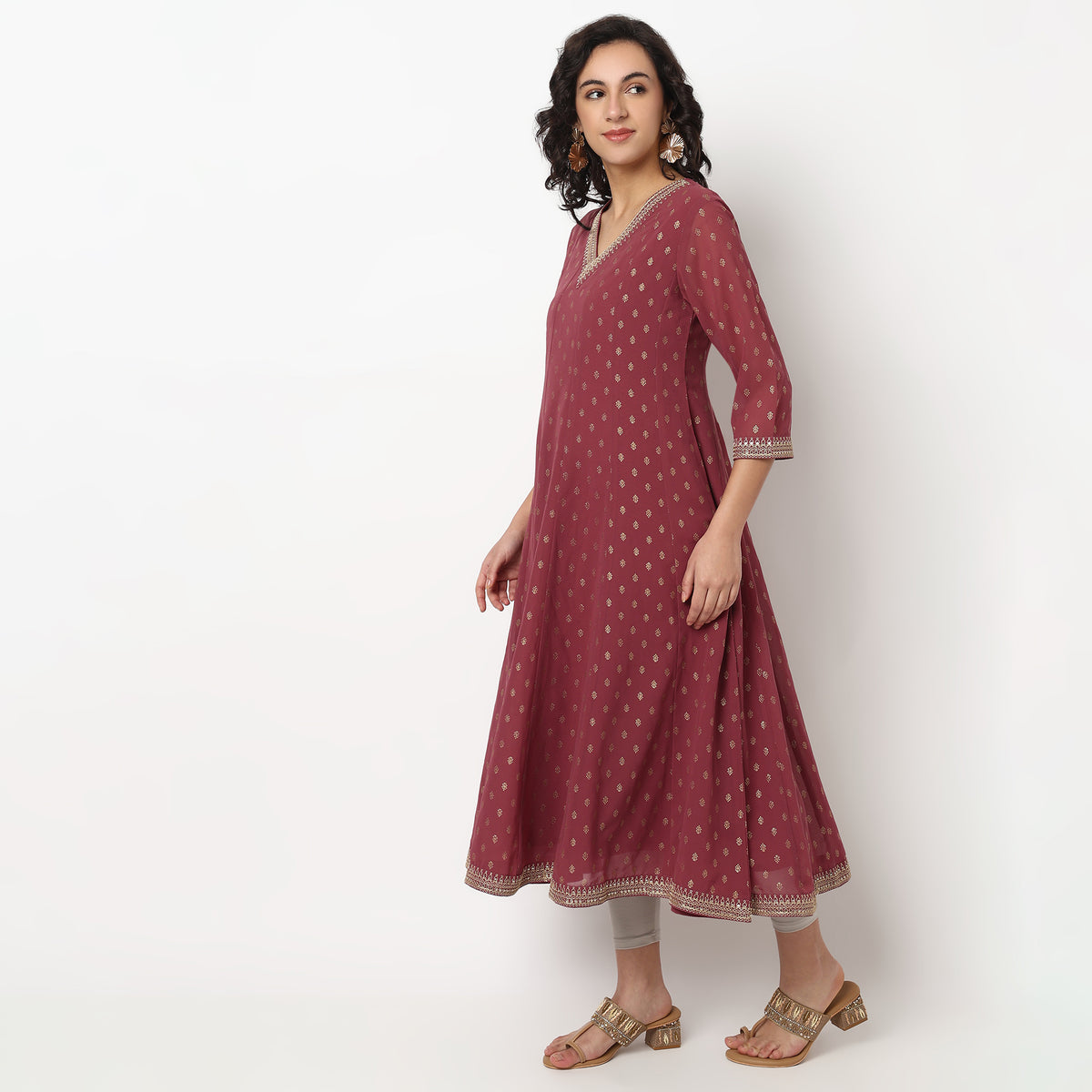 Buy Women Flare Fit Foil Print Three-Fourth Sleeve Kurta  - Style Union