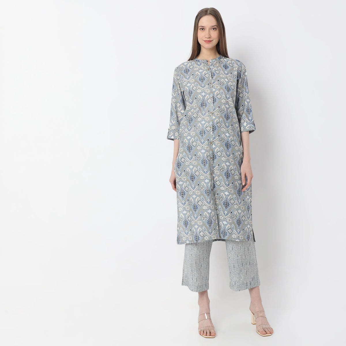 A-Line Printed Band Collar Kurta with Pant Set
