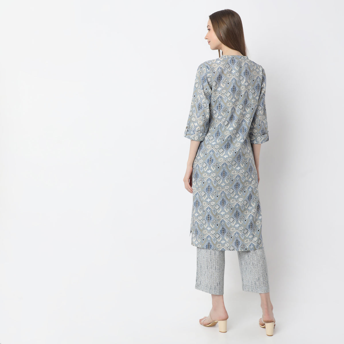 A-Line Printed Band Collar Kurta with Pant Set
