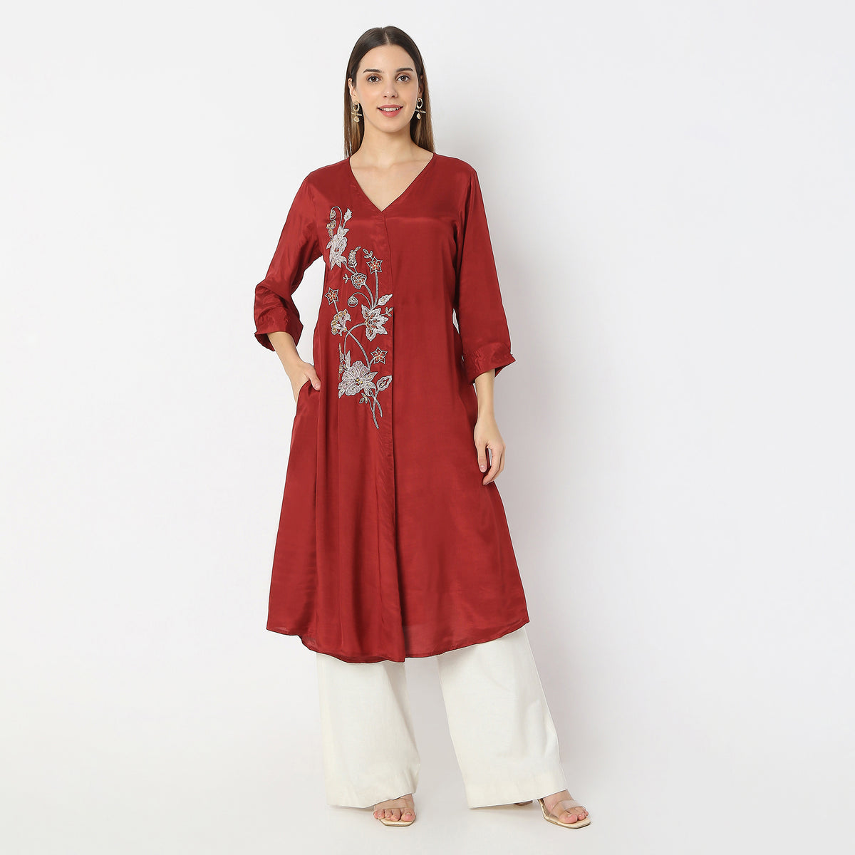 Embroidered Knee Length V-Neck Flared Whimsies A-Line Kurta