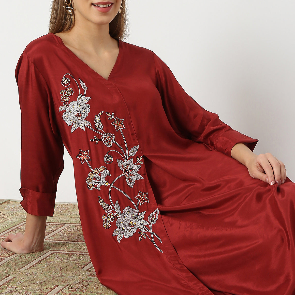 Embroidered Knee Length V-Neck Flared Whimsies A-Line Kurta