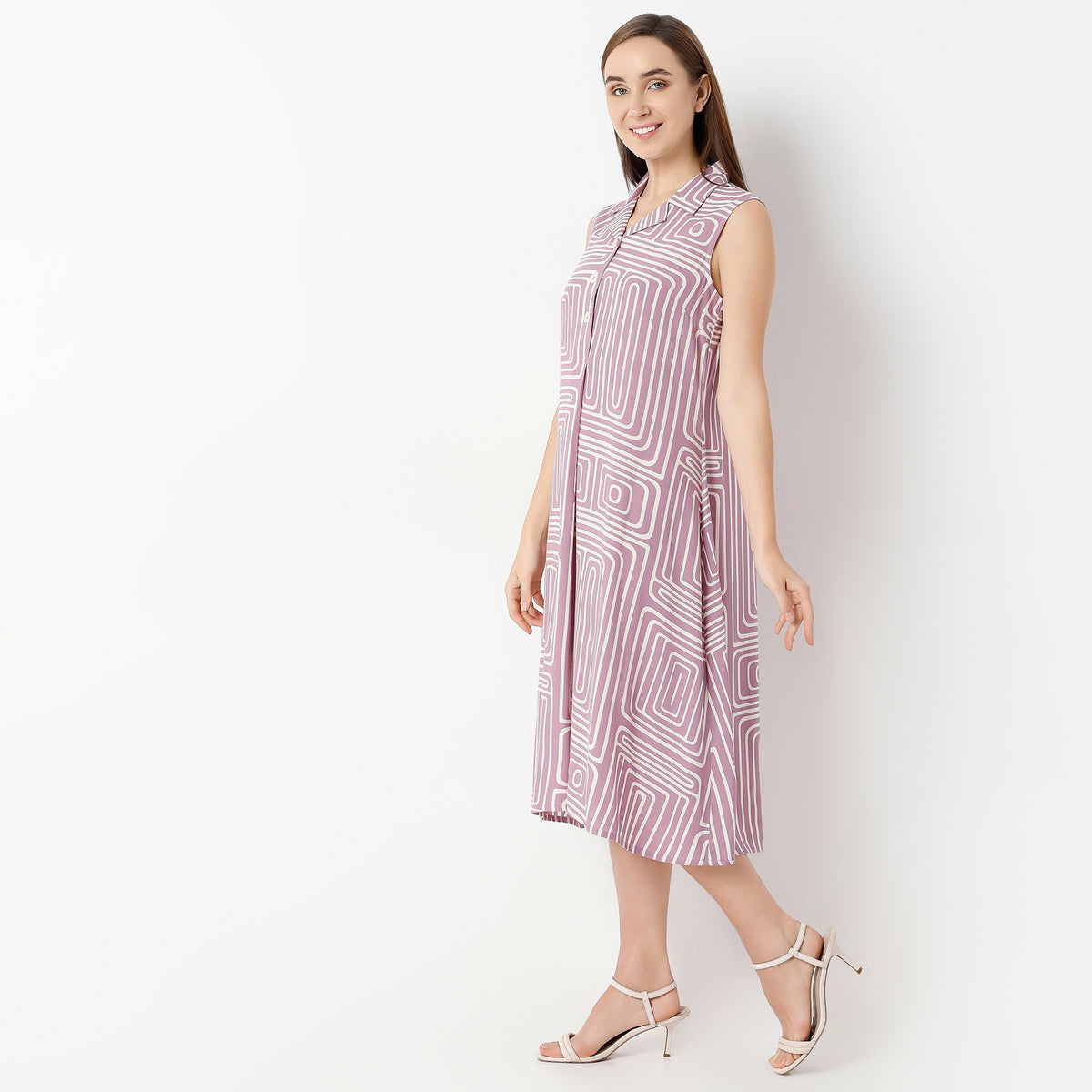 Flare Fit Printed Lapel Collar Dress