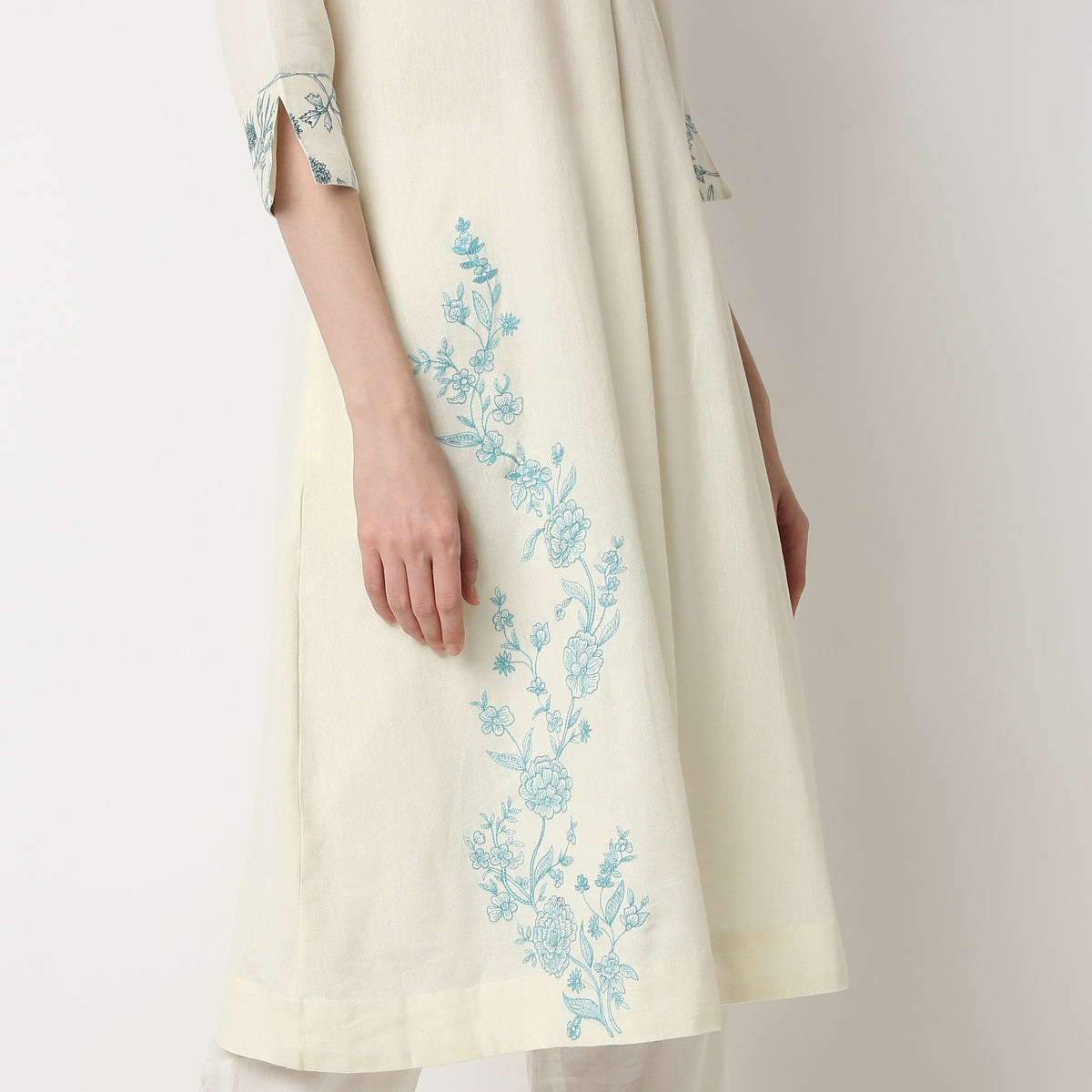 Flare Fit Embroidered Band Collar Kurta