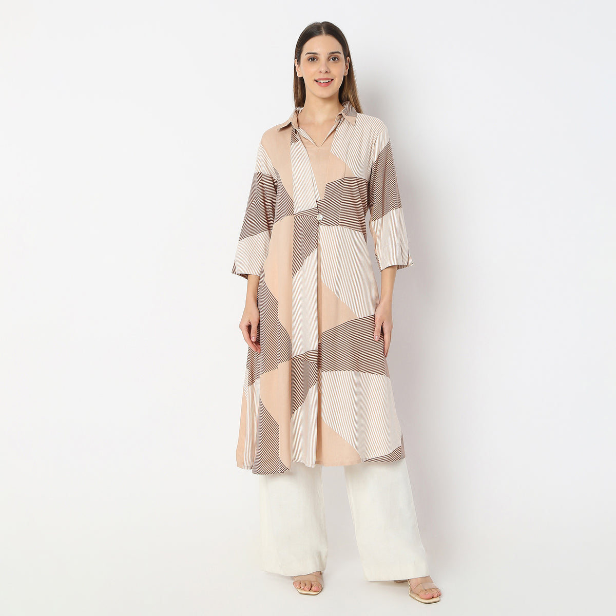 Printed Below Knee Shirt Collar Sand Dunes Flared Kurta