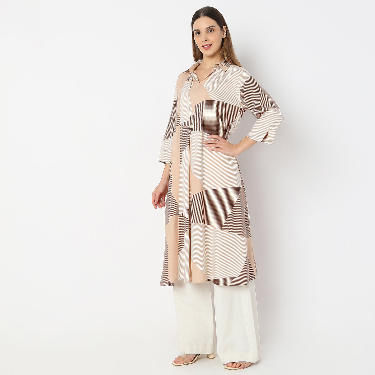 Printed Below Knee Shirt Collar Sand Dunes Flared Kurta