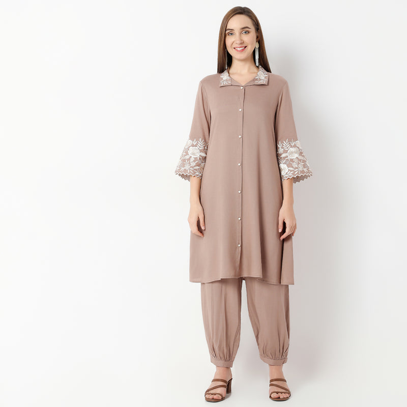 Regular Fit Embroidered Shirt Collar Kurta with Pant Set