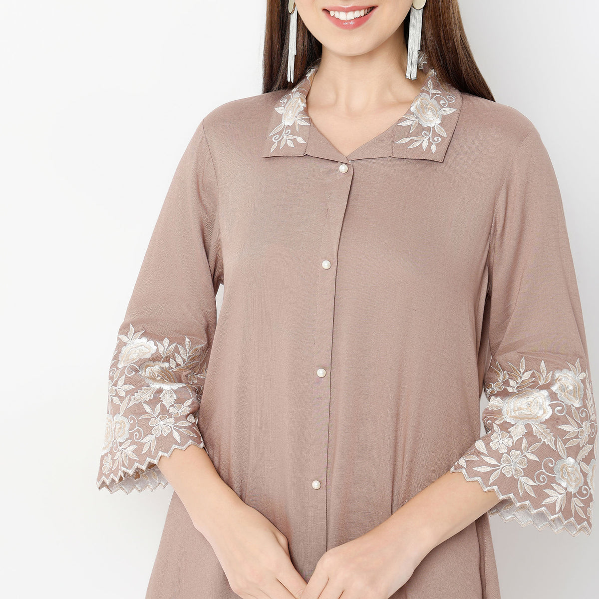 Regular Fit Embroidered Shirt Collar Kurta with Pant Set