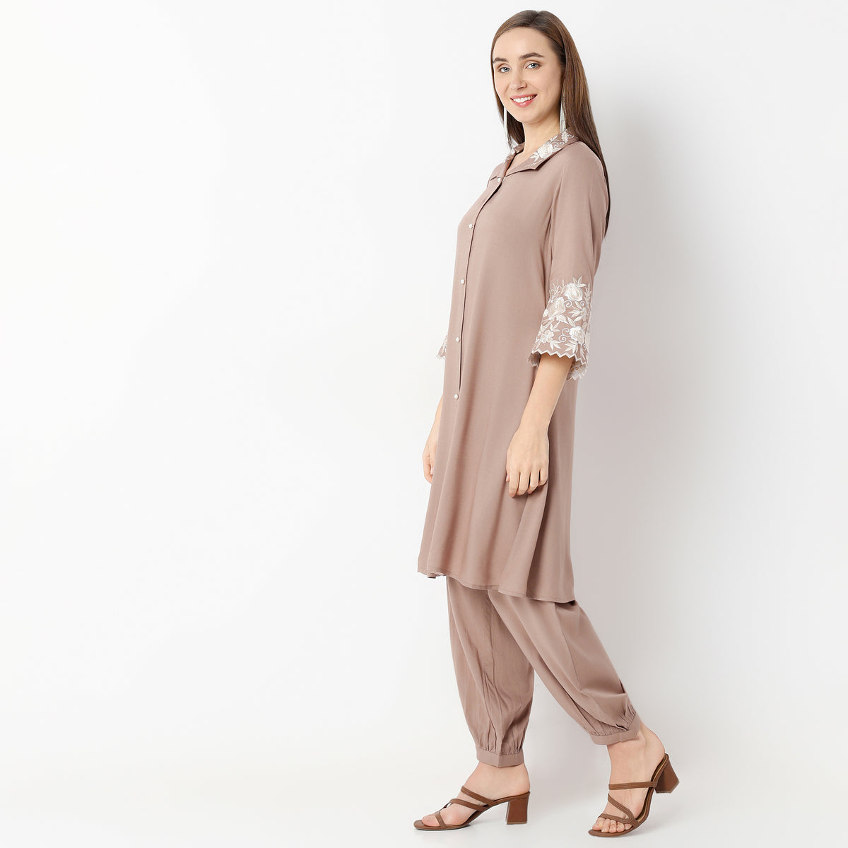 Regular Fit Embroidered Shirt Collar Kurta with Pant Set