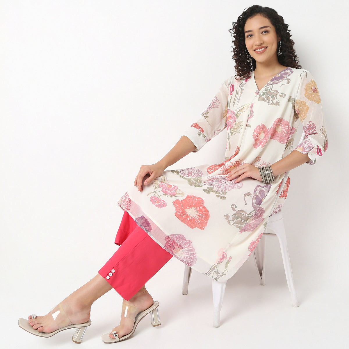 V-Neck Printed Below Knee Straight Kurta