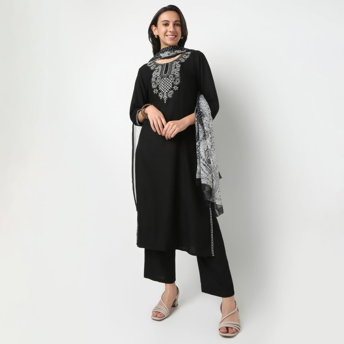 Straight Fit Printed Round Neck Kurta and Pant with Dupatta Set