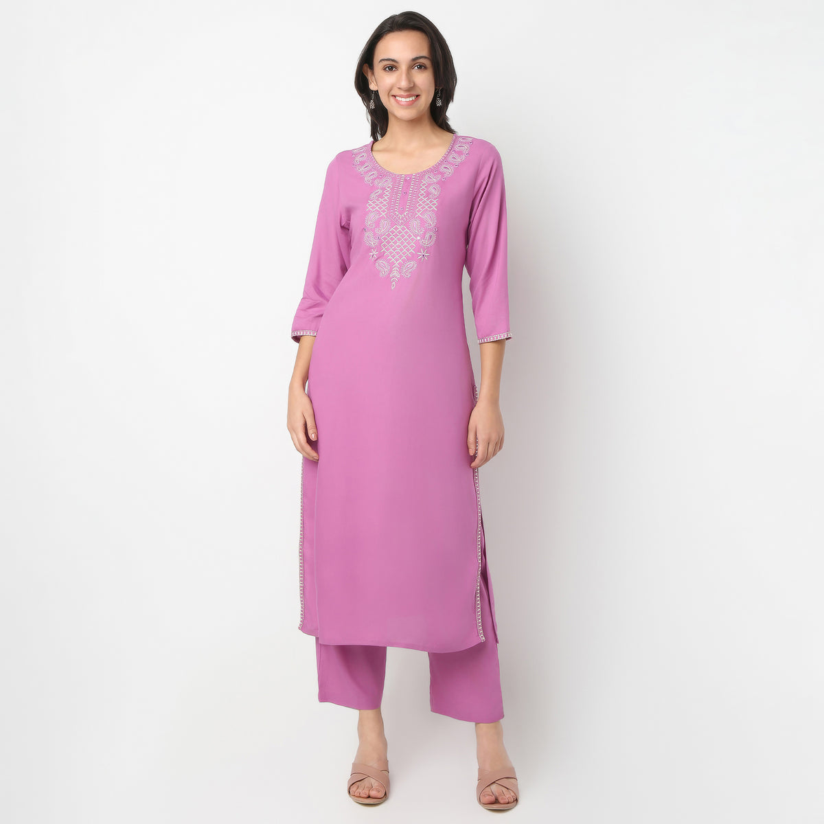 Straight Fit Printed Round Neck Kurta and Pant with Dupatta Set