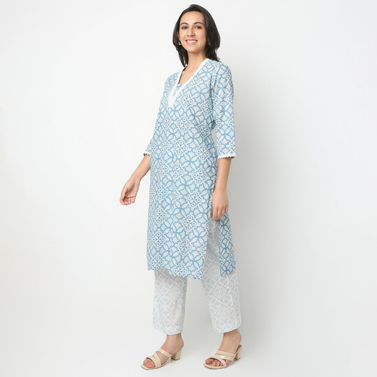 Straight Fit Printed V-Neck Kurta with Pant Set
