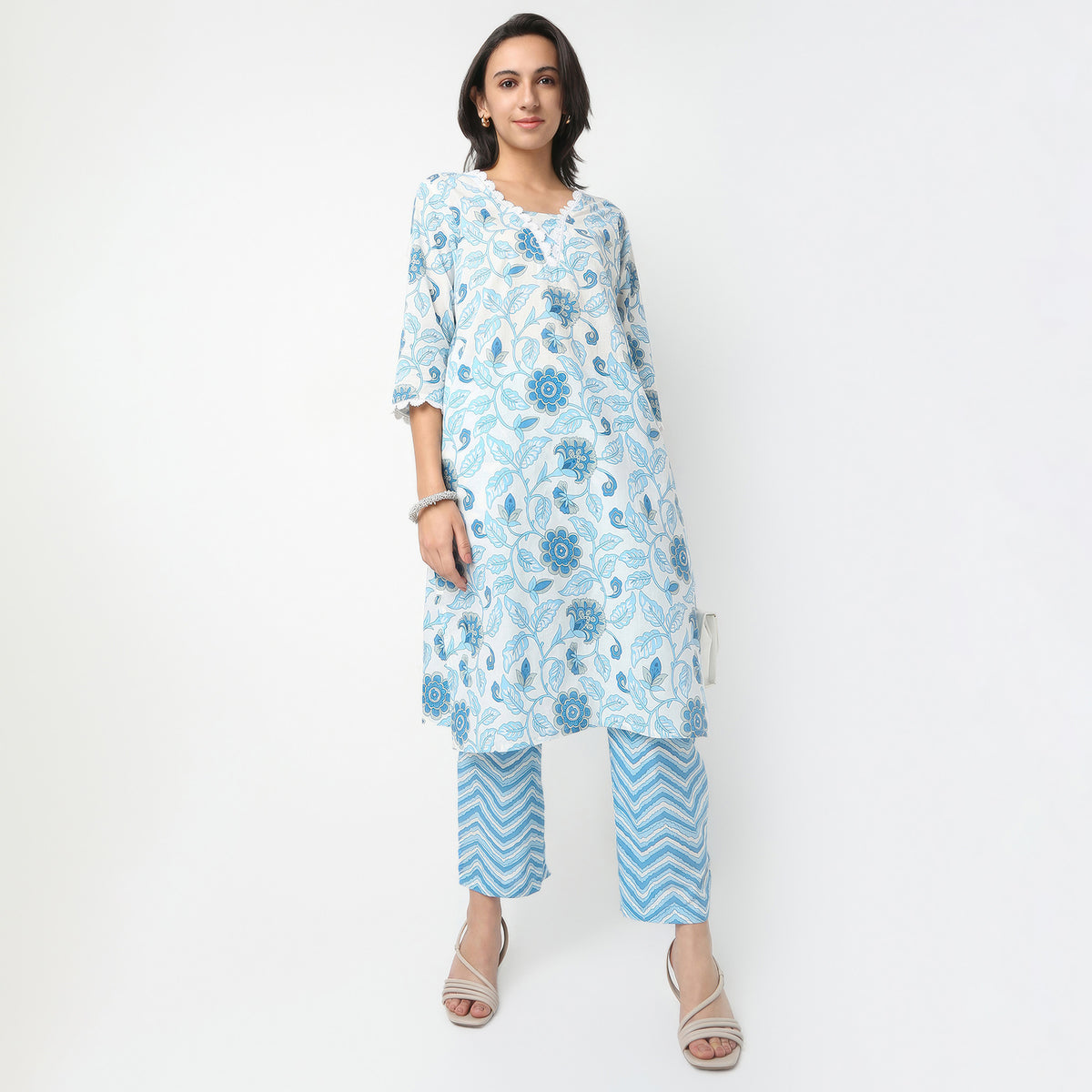 Straight Fit Printed V-Neck Kurta with Pant Set