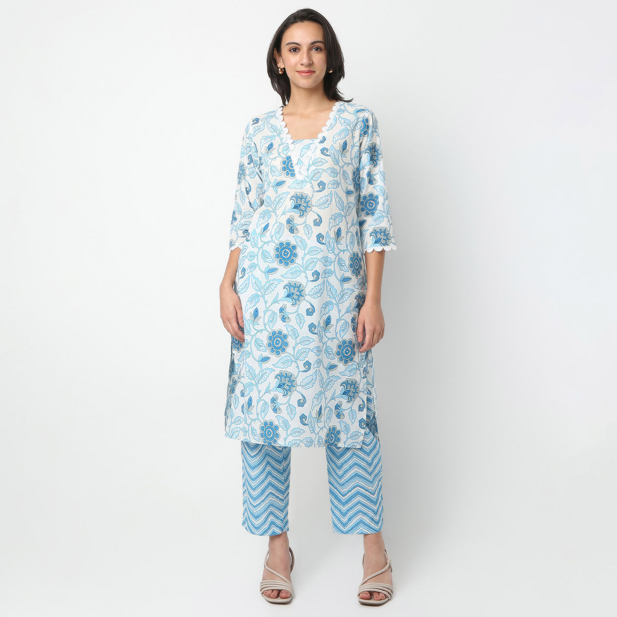 Straight Fit Printed V-Neck Kurta with Pant Set
