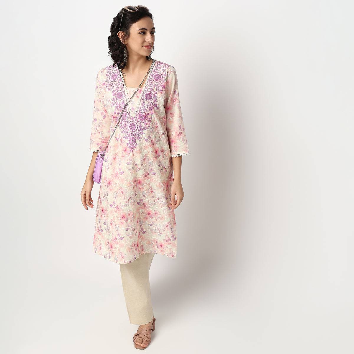 Buy Women Straight Fit Printed Three-Fourth Sleeve Kurta  - Style Union