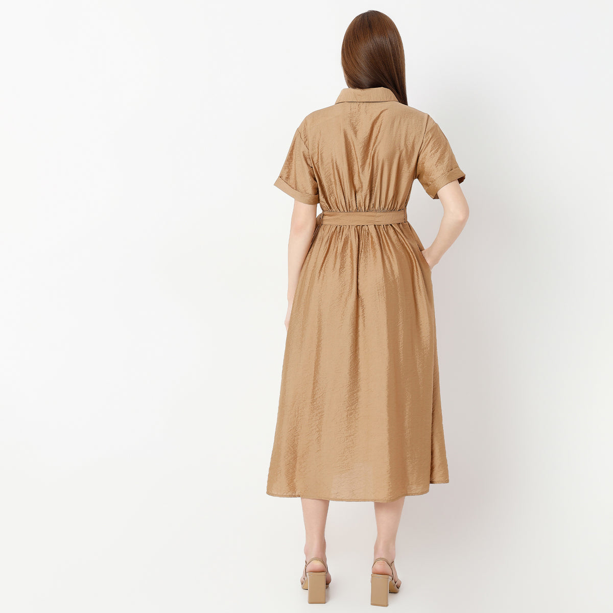 Flare Fit Solid Shirt Collar Dress