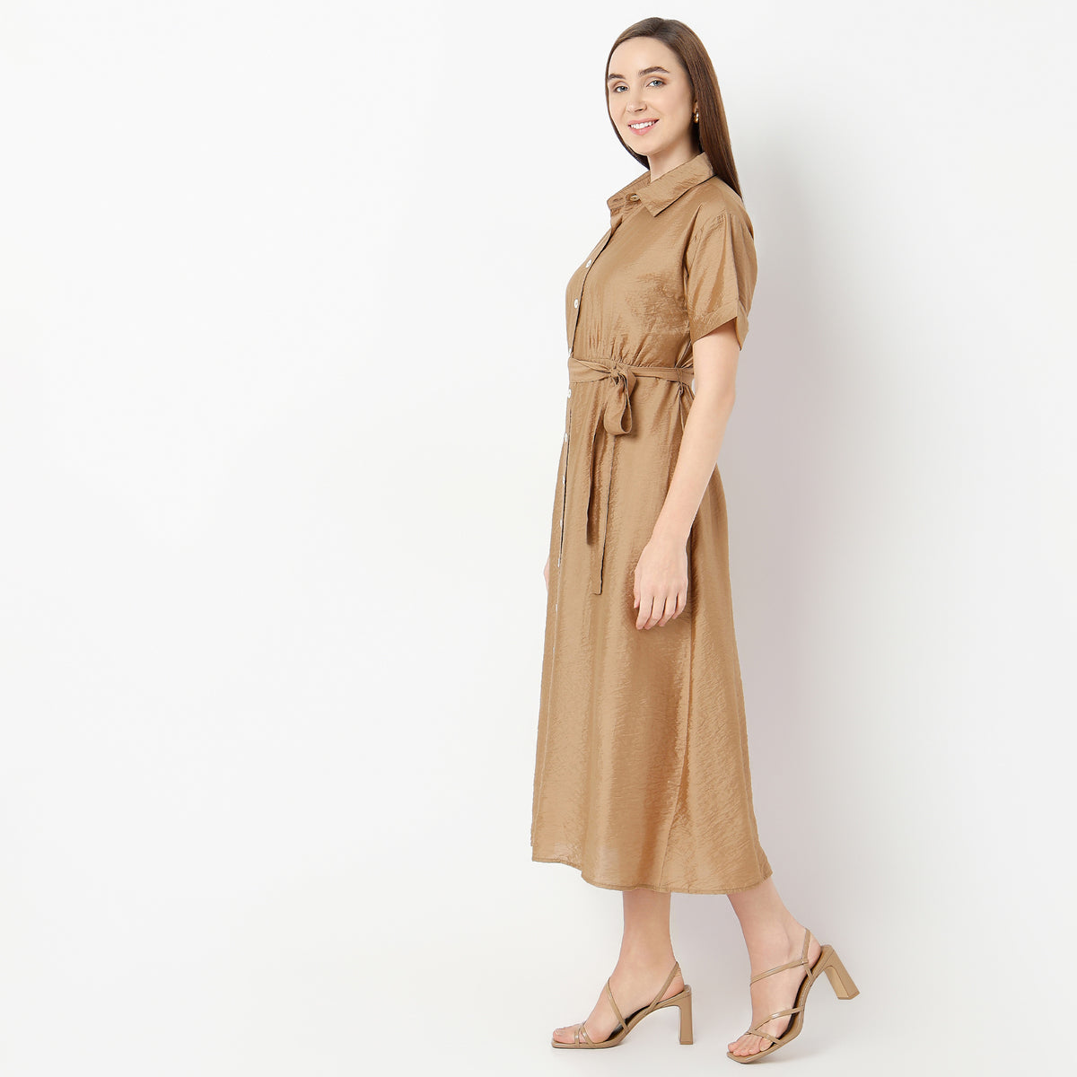 Flare Fit Solid Shirt Collar Dress