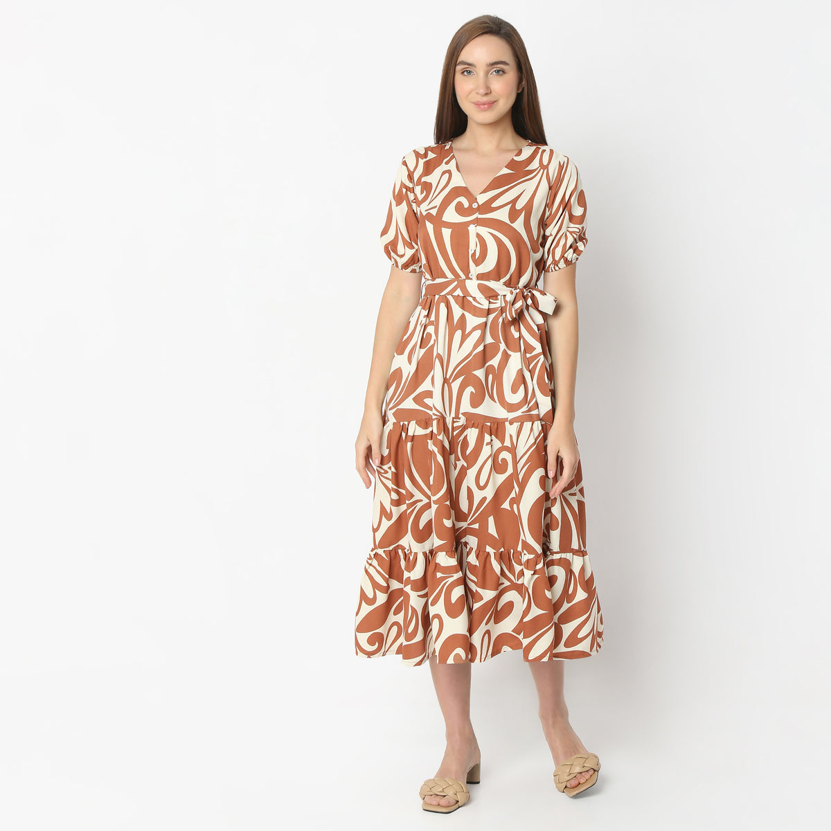 Flare Fit Printed V-Neck Below Knee Dress
