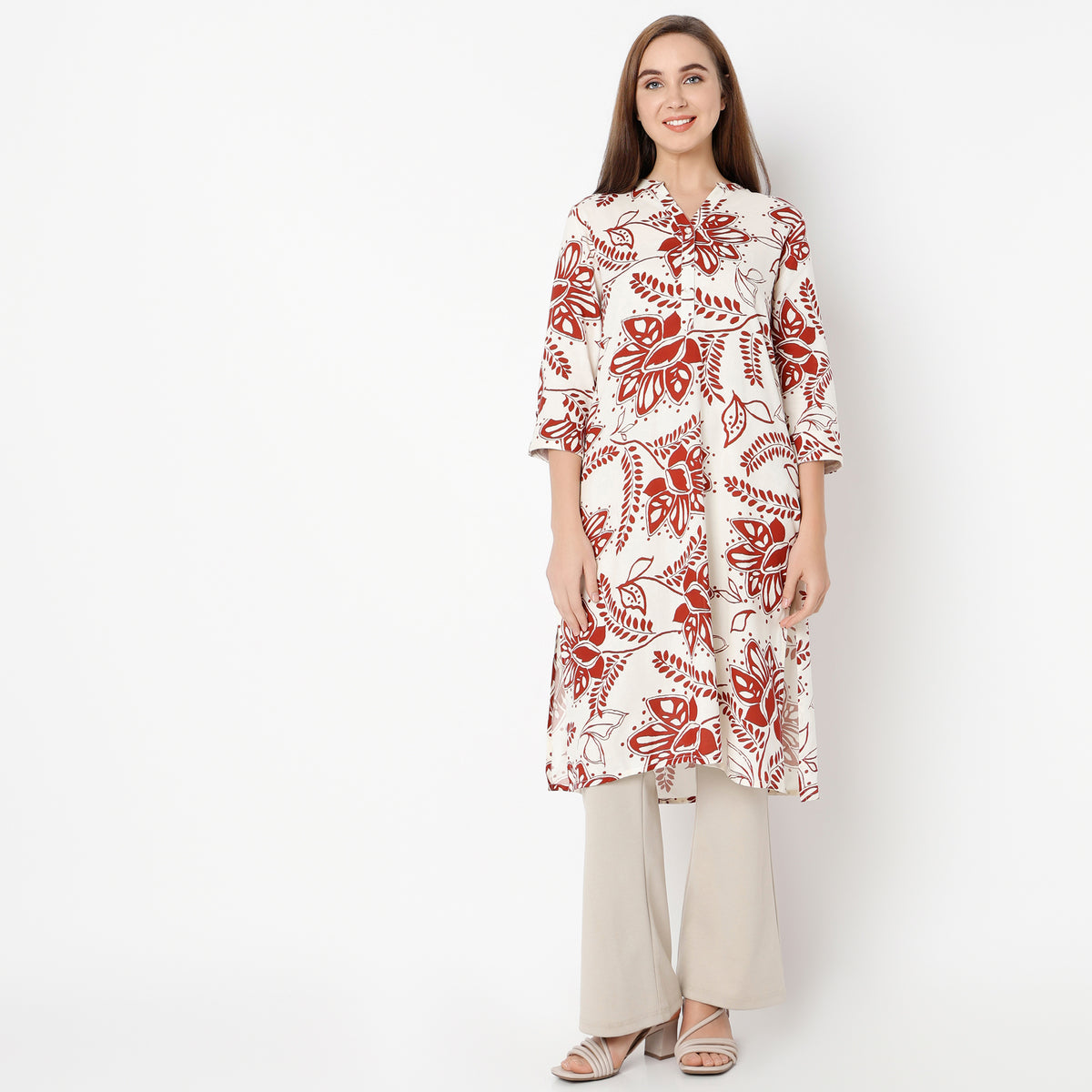 Straight Fit Printed Band Collar Kurta