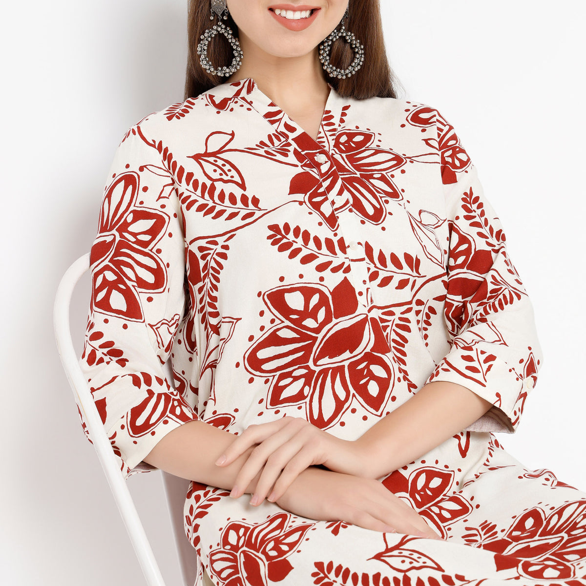 Straight Fit Printed Band Collar Kurta