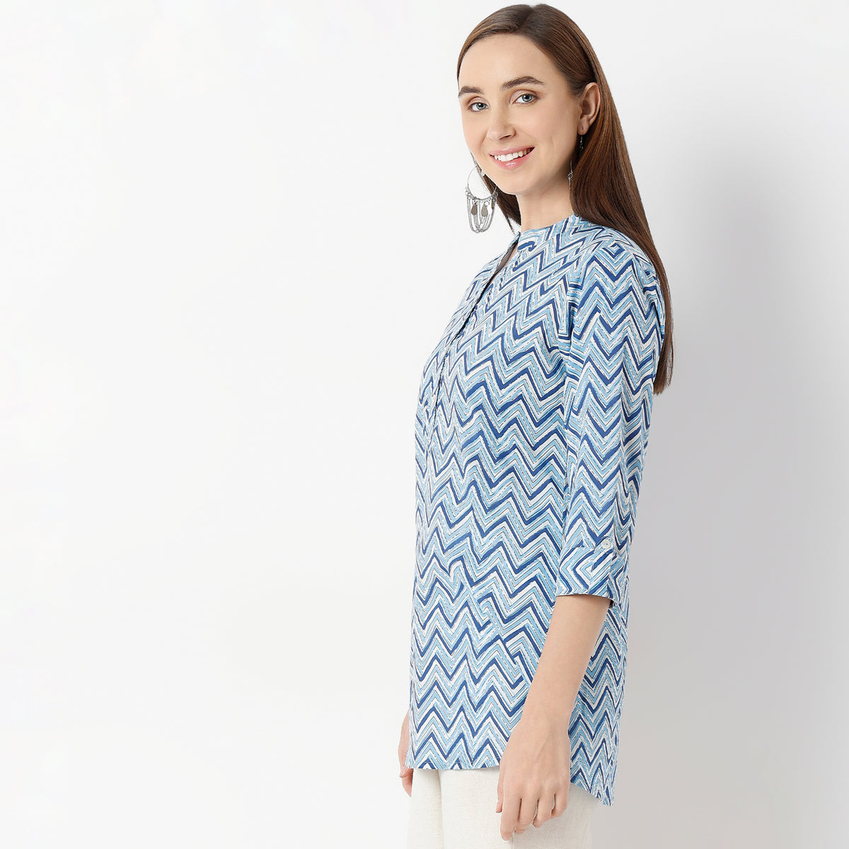 Straight Fit Printed Band Neck Kurta