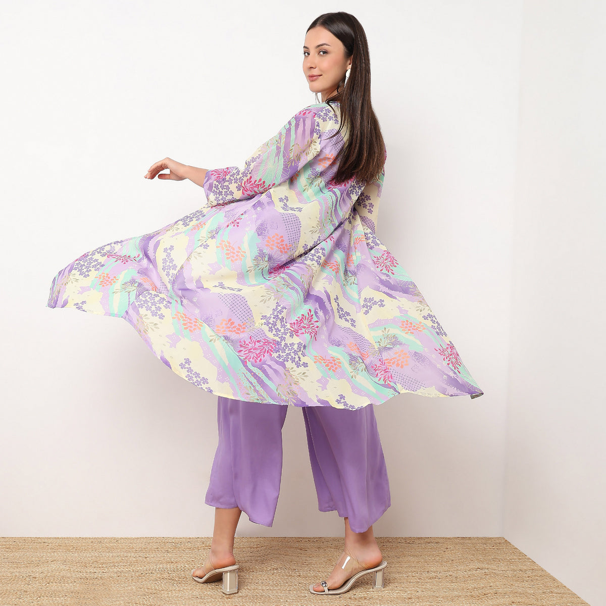 Flare Fit Printed Top with Palazzo and Shrug Set