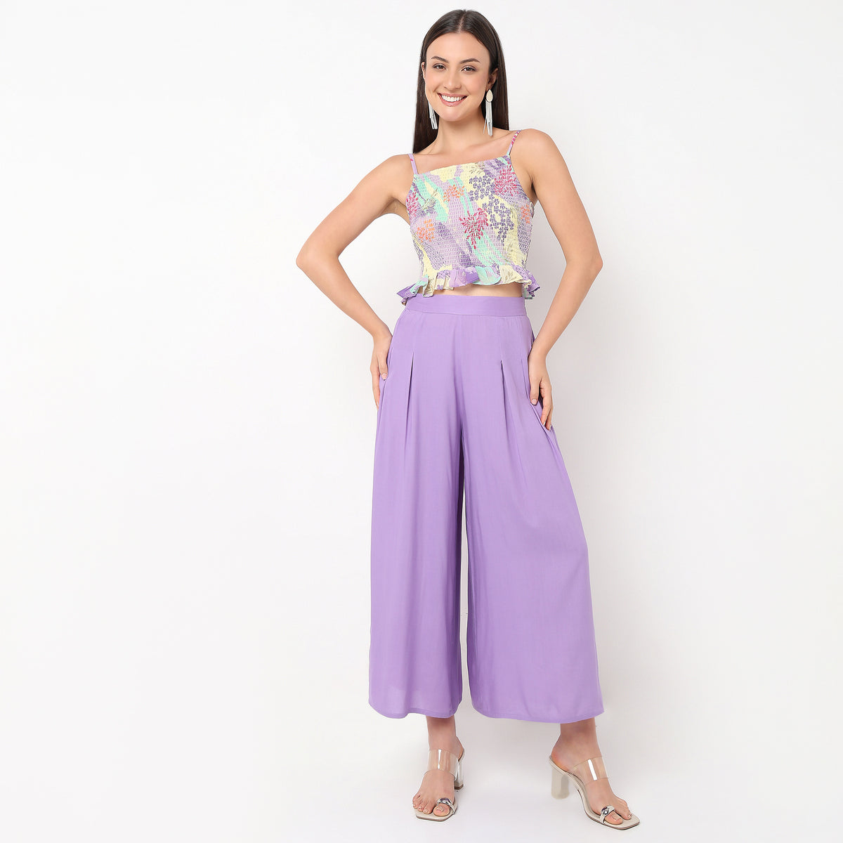 Flare Fit Printed Top with Palazzo and Shrug Set