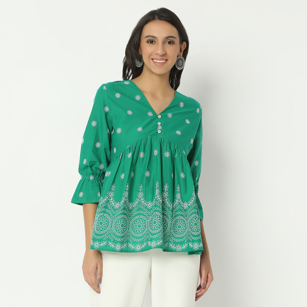 Flare Fit Printed V-Neck Short Length Top