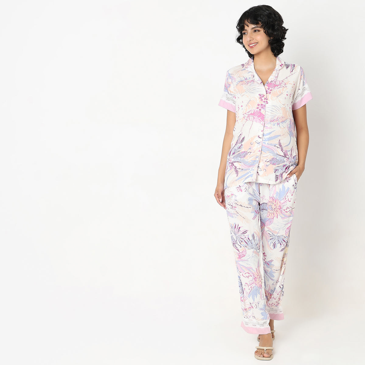 Regular Fit Floral Top with Pyjama Sleepwear Set