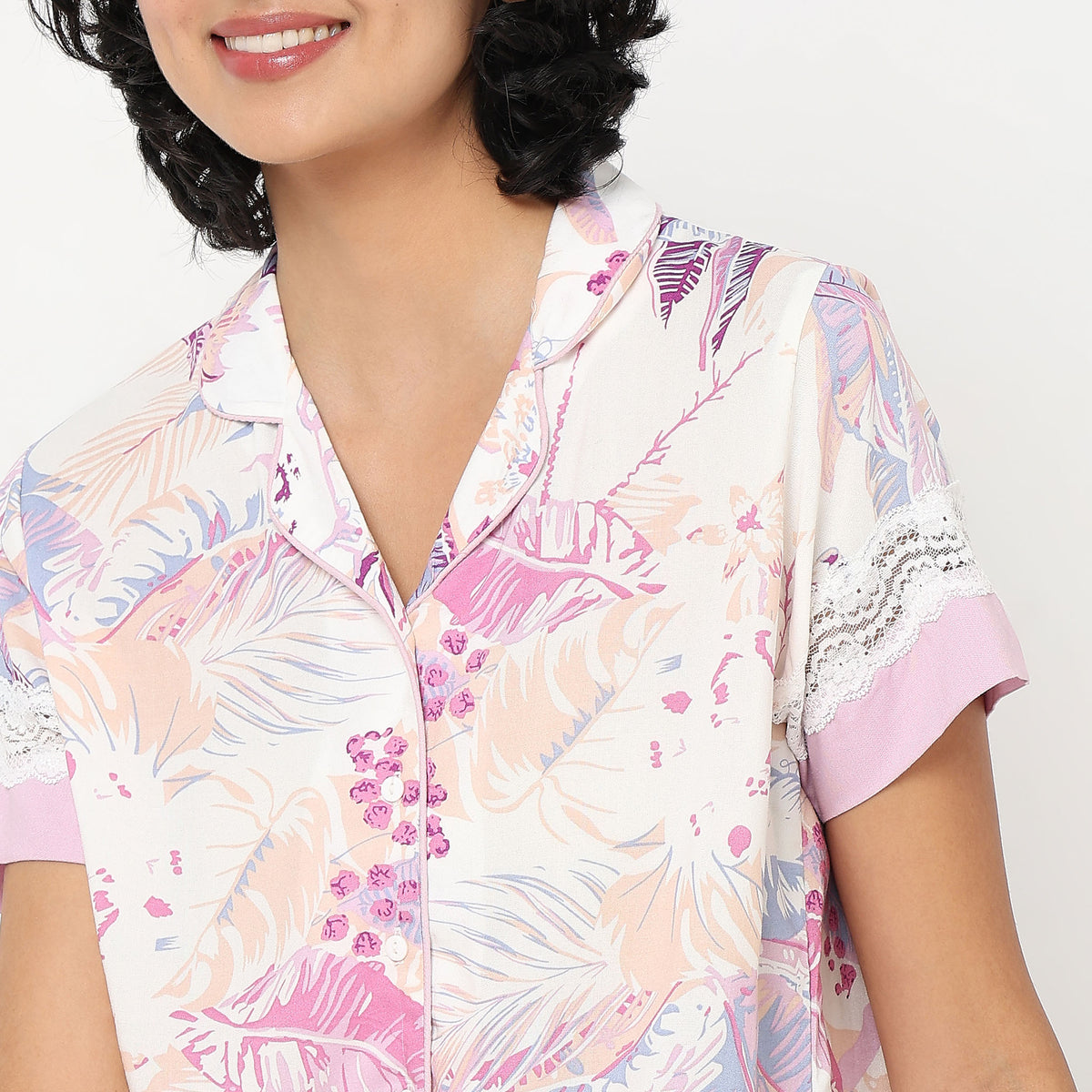 Regular Fit Floral Top with Pyjama Sleepwear Set