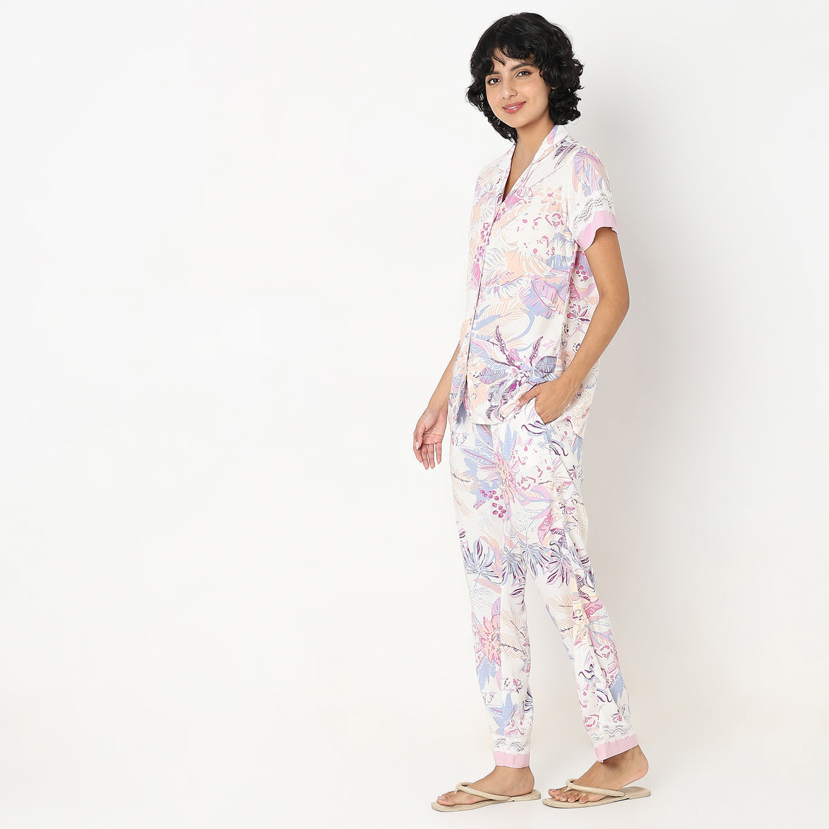 Regular Fit Floral Top with Pyjama Sleepwear Set