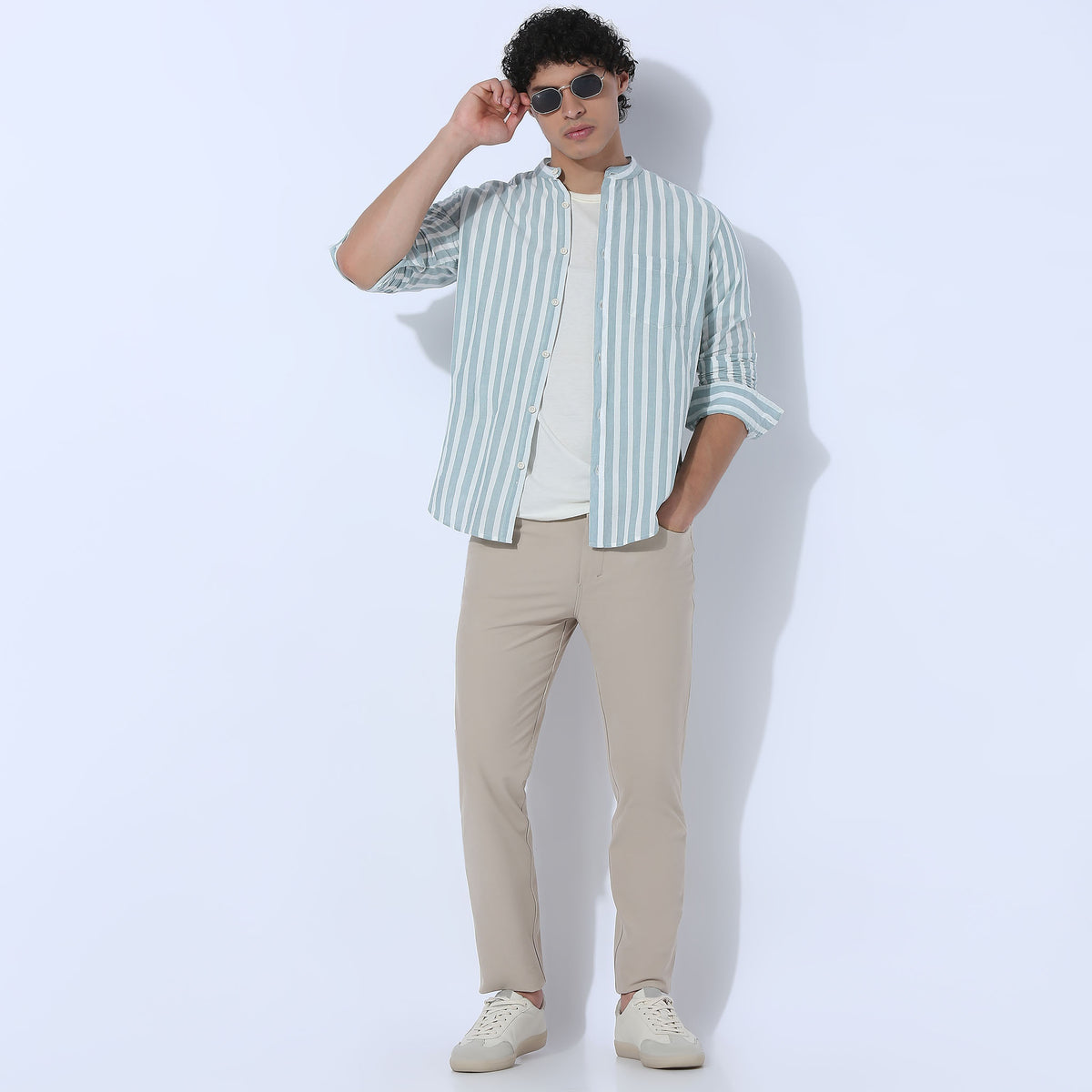 Striped Mandarin Collar Short Length Shirt