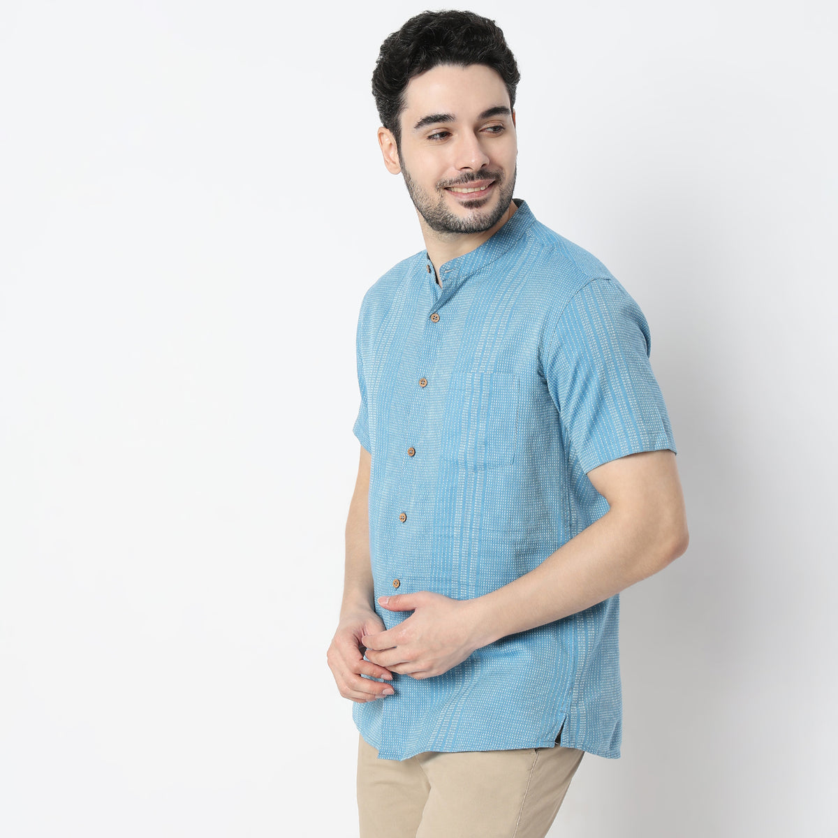 Regular Fit Striped Mandarin Collar Shirt