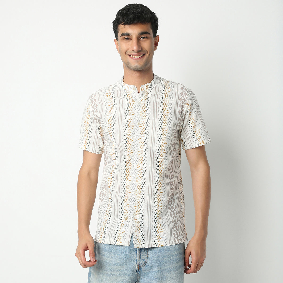 Regular Fit Printed Mandarin Collar Short Length Shirt