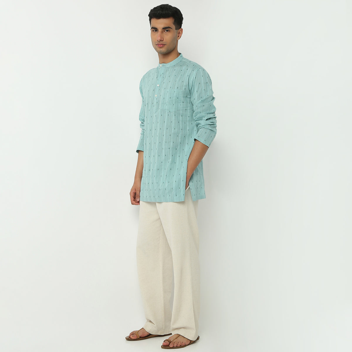 Regular Fit Structured Mandarin Collar Kurta