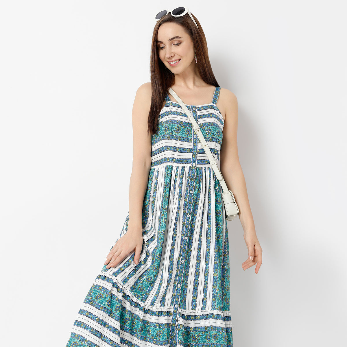 Flare Fit Printed Square Neck Dress