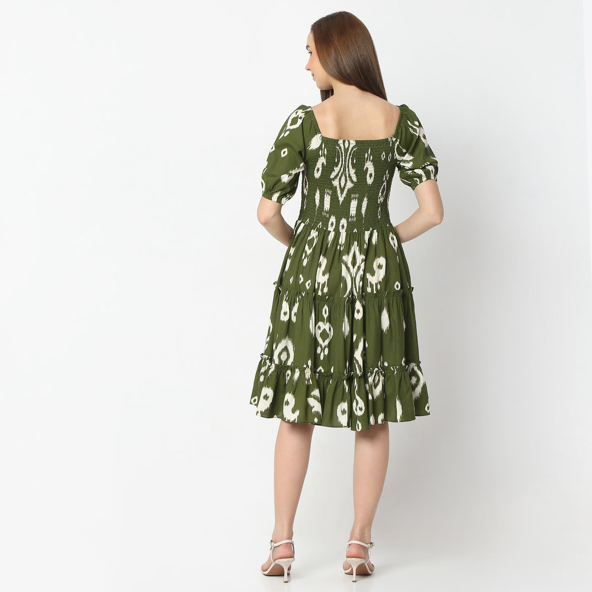 Flare Fit Printed Square Neck Knee Length Dress