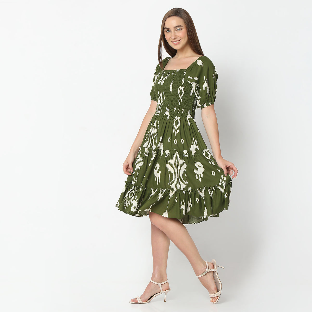 Flare Fit Printed Square Neck Knee Length Dress