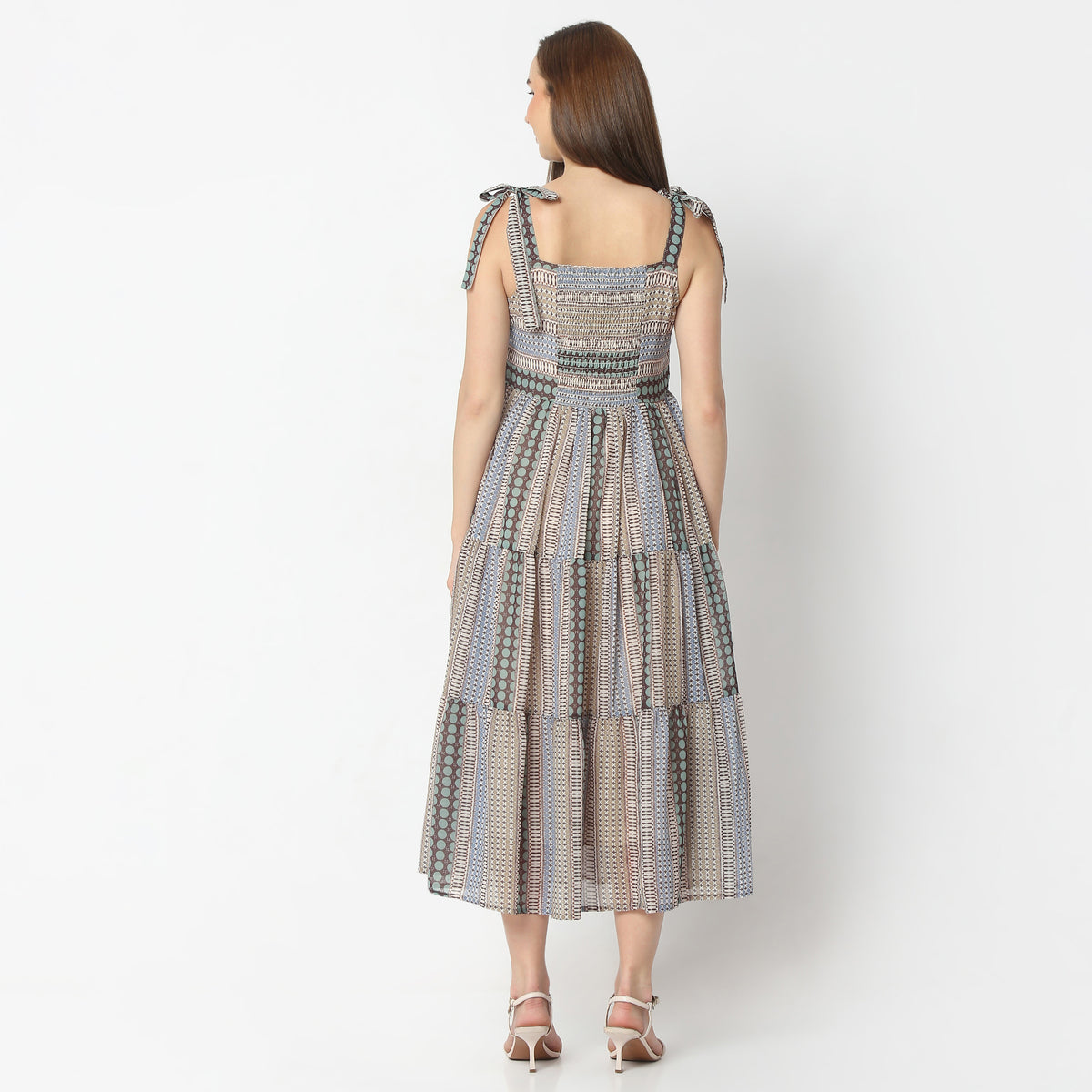 Flare Fit Printed Square Neck Below Knee Dress