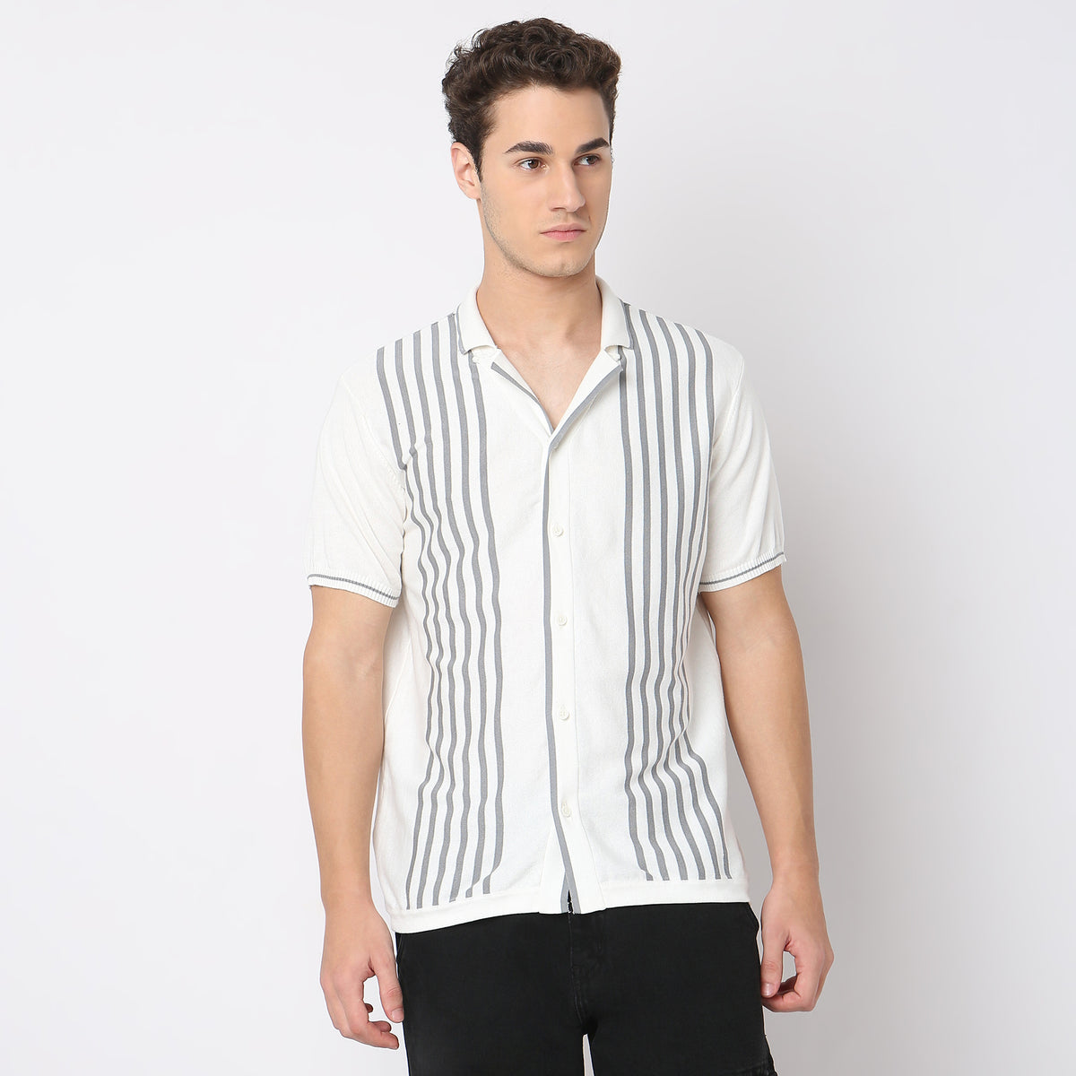 Modern Nerd Hand Knit Jersey Striped Camp Collar Half Sleeve Cuban Shirt