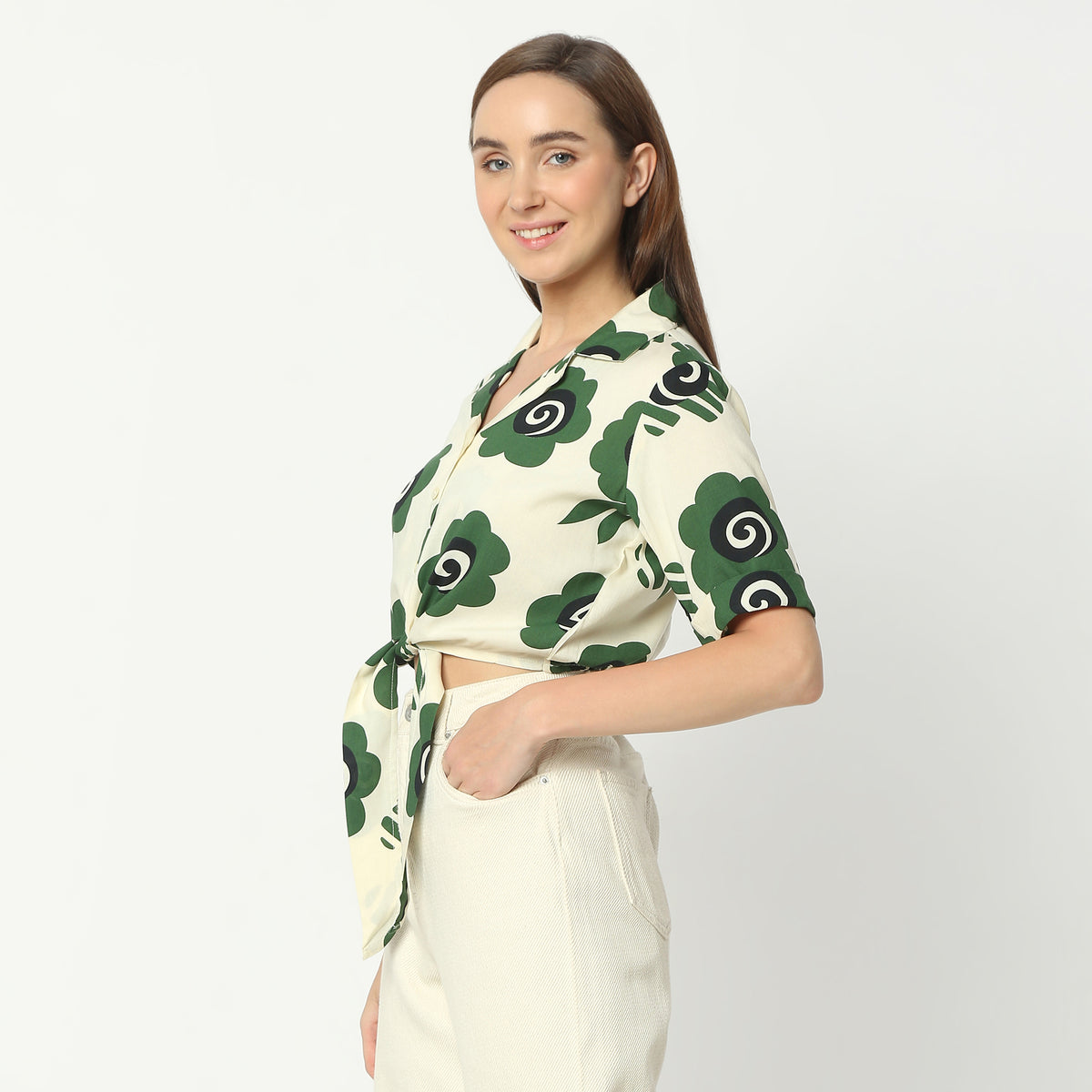 Regular Fit Printed Lapel Collar Crop Length Top Crop Top