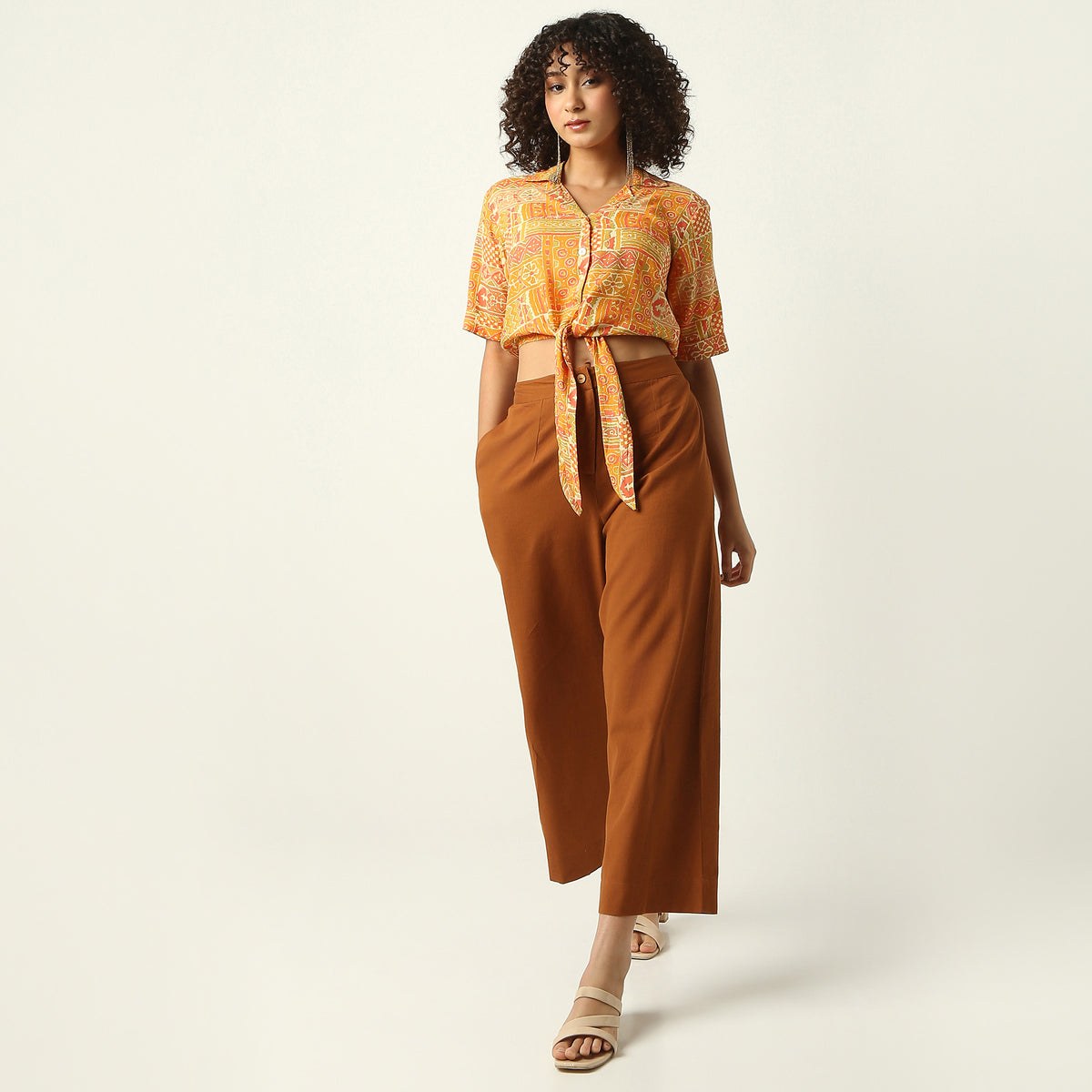 Regular Fit Printed Lapel Collar Crop Top