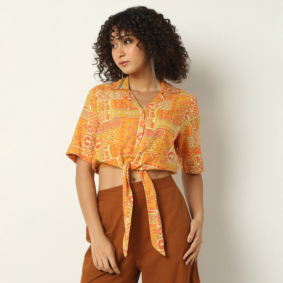 Regular Fit Printed Lapel Collar Crop Top