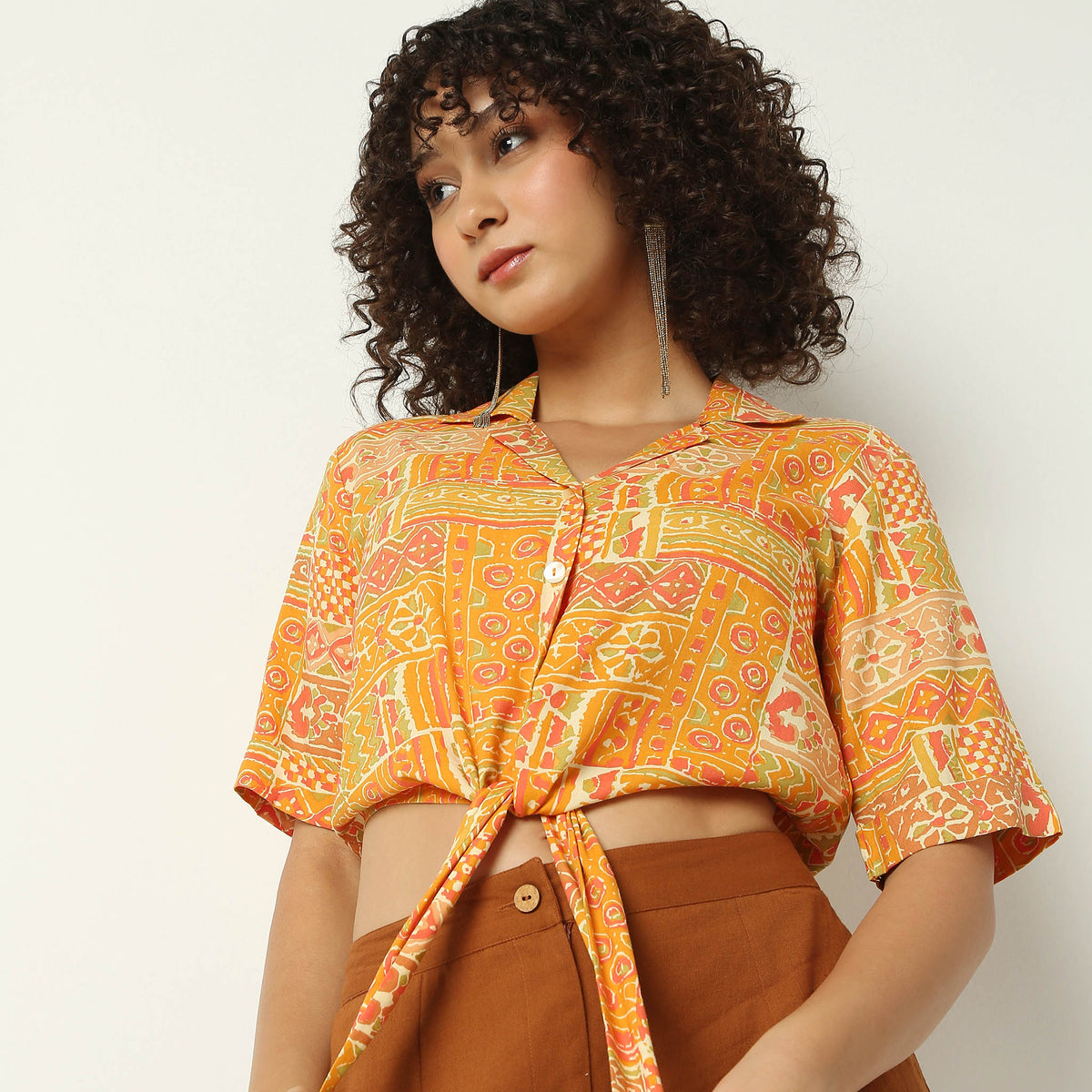 Regular Fit Printed Lapel Collar Crop Top