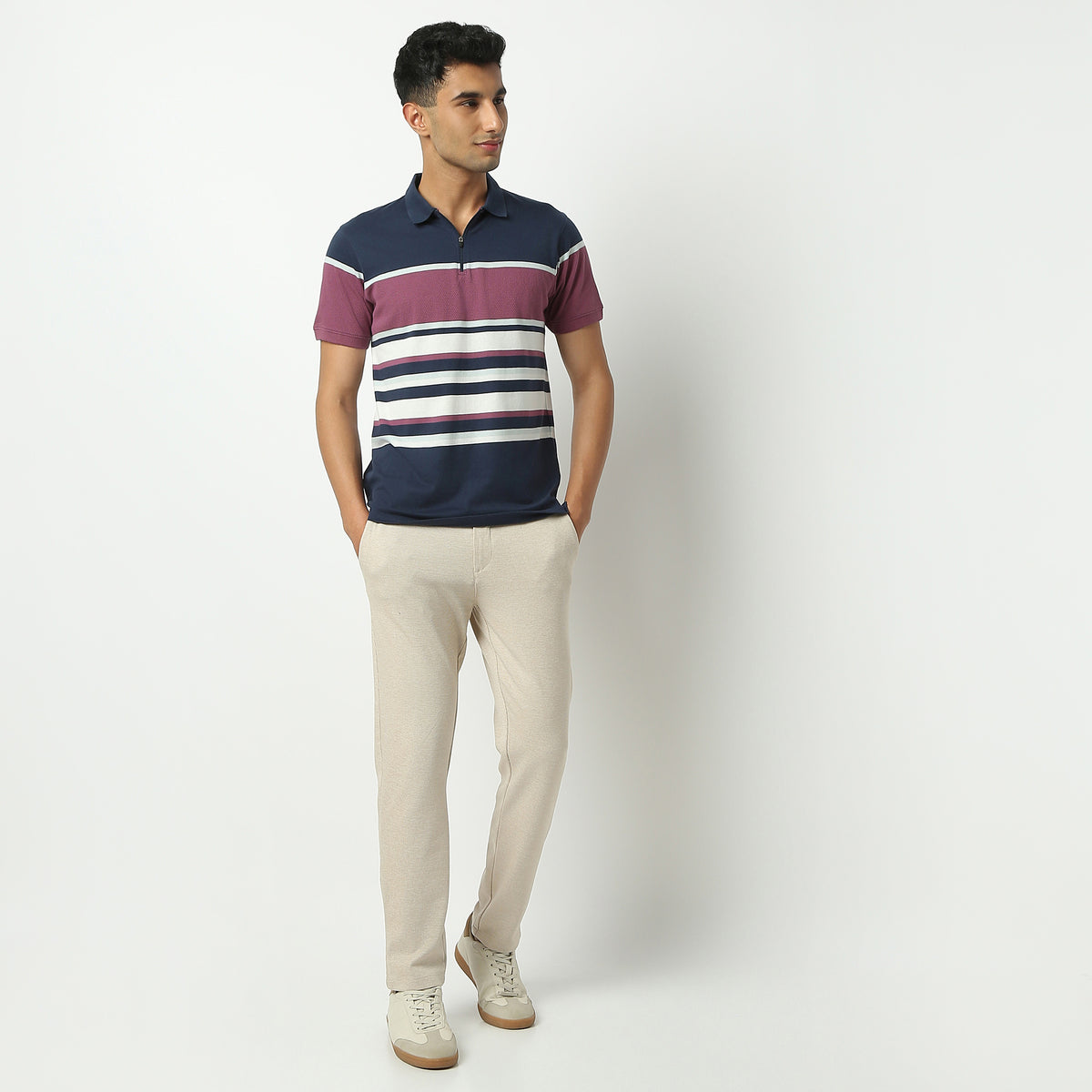 Regular Fit Striped Polo Neck T-Shirt