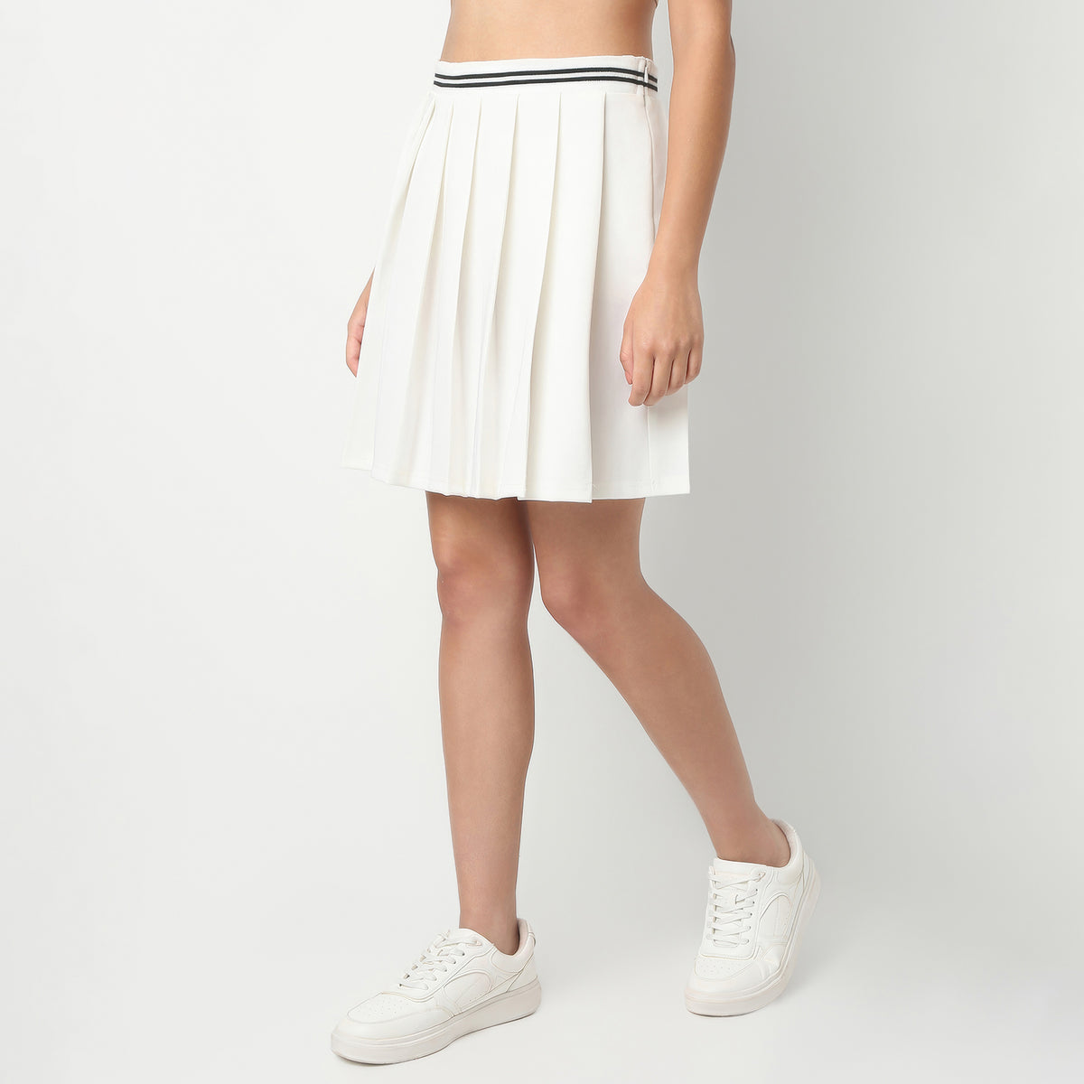 Above Knee High Rise Flared Pleated Skirt