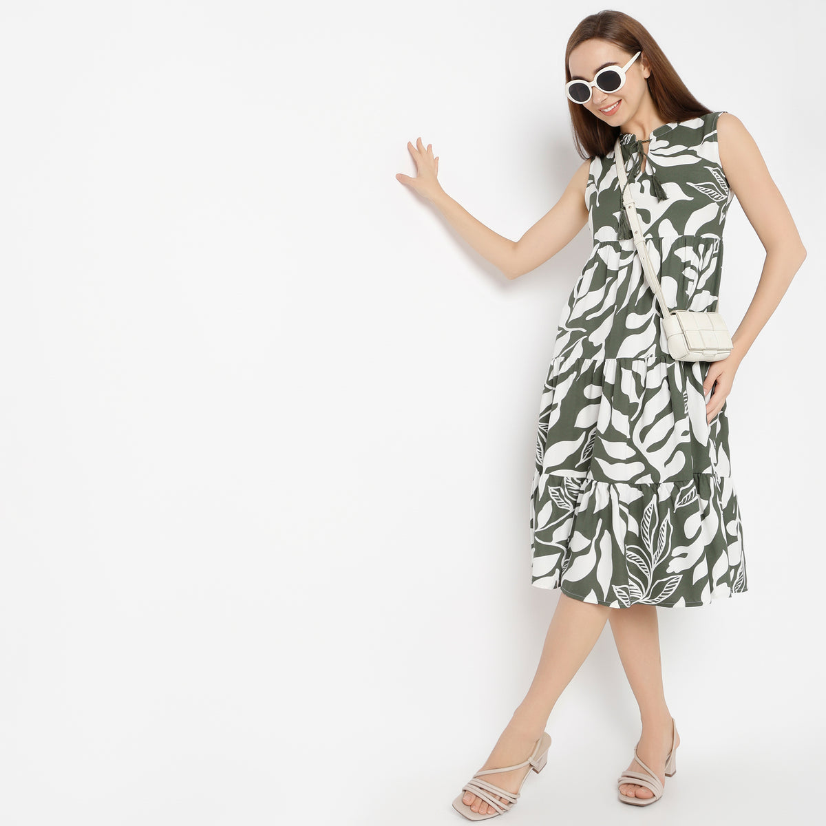 Flare Fit Floral Band Neck Dress