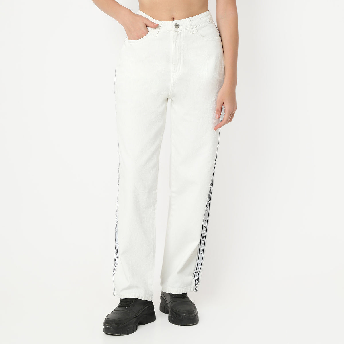 Straight Fit Solid Full Length High Rise Jeans